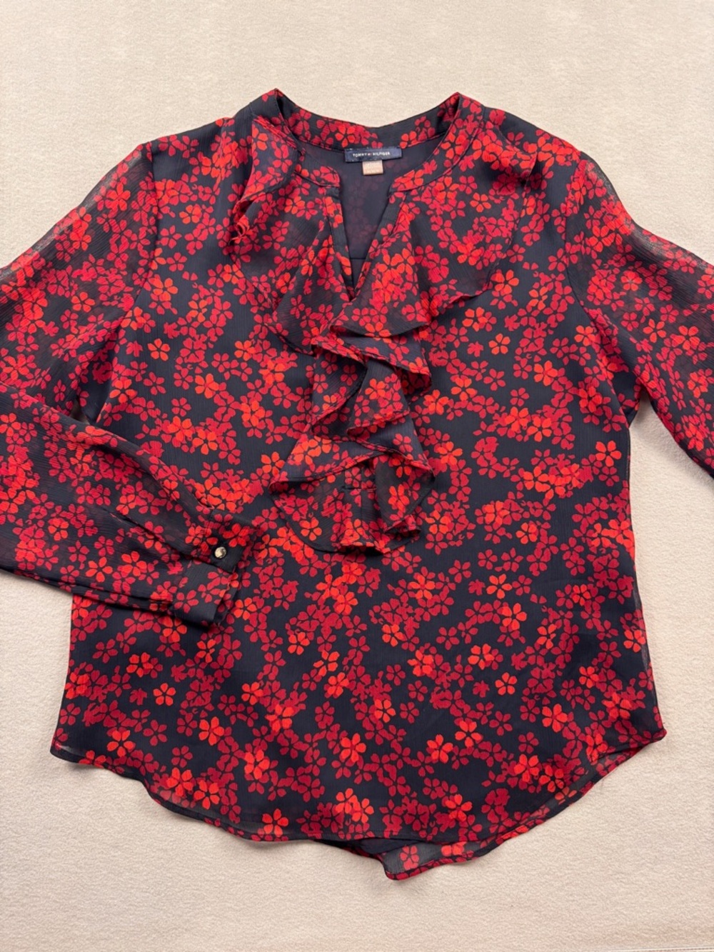 Tommy Hilfiger Ruffled Top Poet Blouse Shirt Women Size Medium Red/Blue Floral